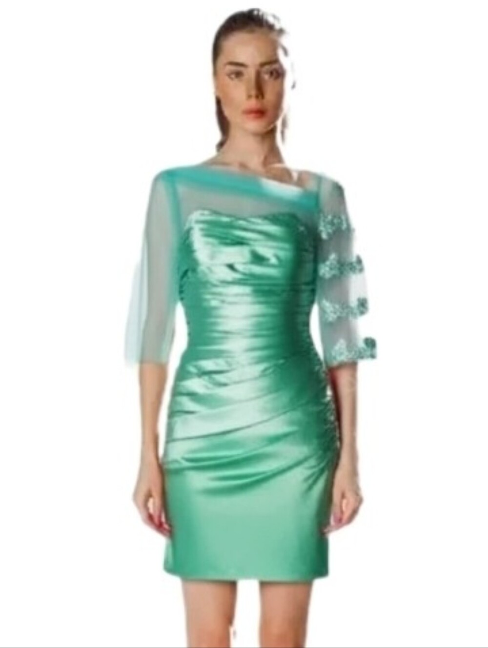 Dress Ruched Satin Sequins Floral Applique Green Satin Dress Size 16
